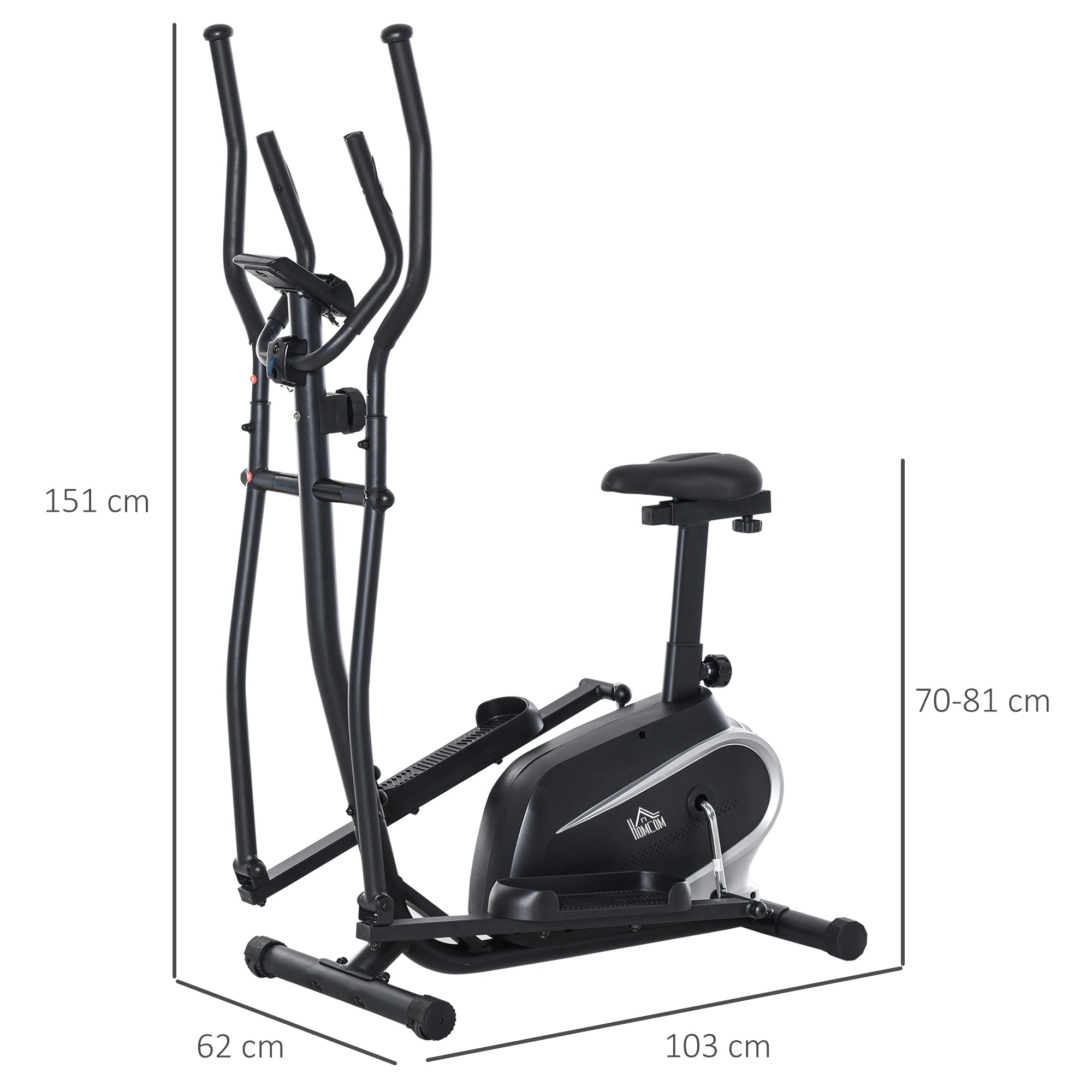 Magnetic Home Elliptical Trainer with LCD Screen, 8 Resistance Levels and Adjustable Seat, 103x62x151cm Black