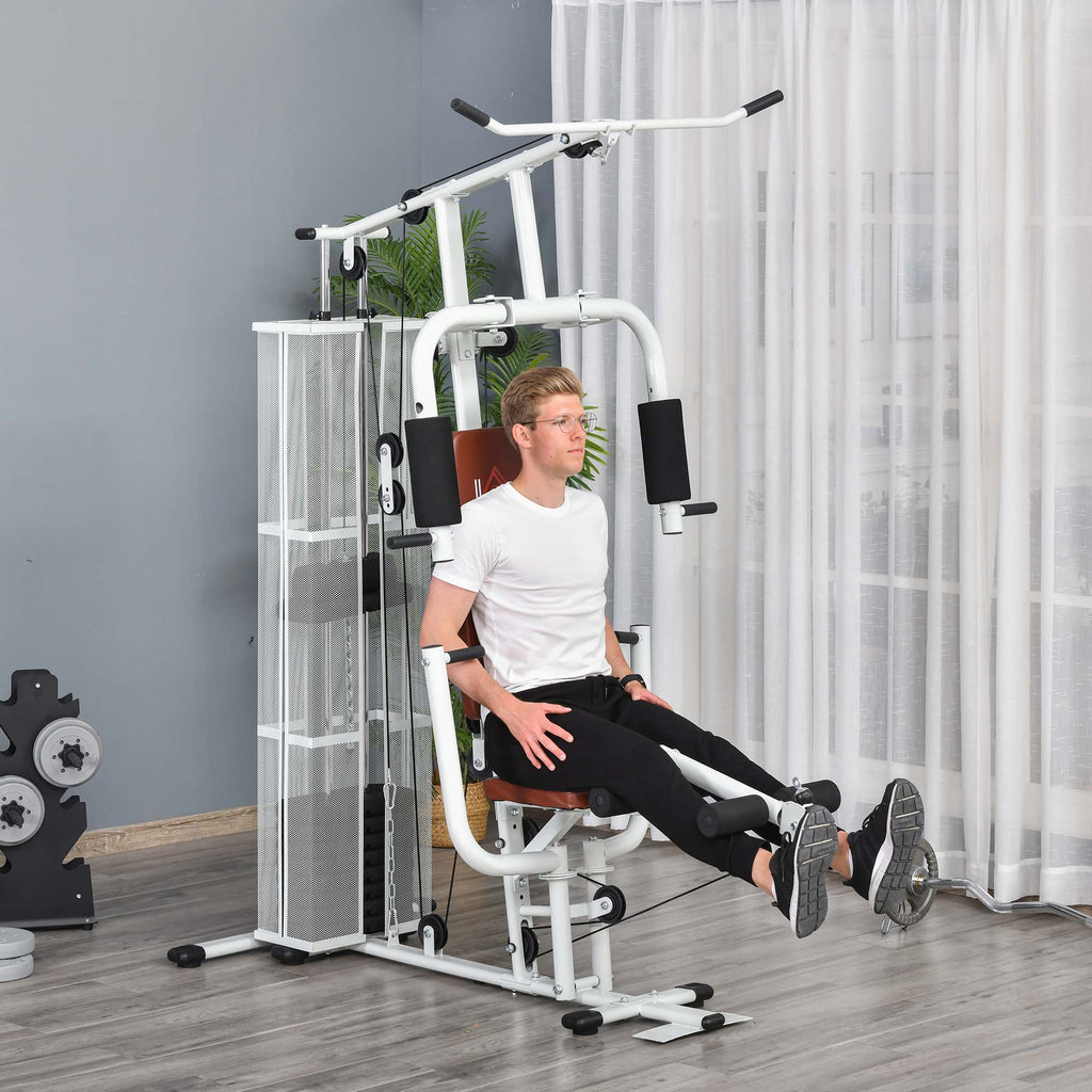 Multifunctional Fitness Station for Home and Gym with 4 Padding, in Steel and PU, 150x110x210 cm, White