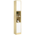 Space-Saving Bathroom Column Cabinet in Wood with 2 Cabinets and Shelves, 30x24x170 cm, Oak and White