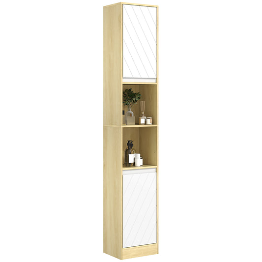 Space-Saving Bathroom Column Cabinet in Wood with 2 Cabinets and Shelves, 30x24x170 cm, Oak and White