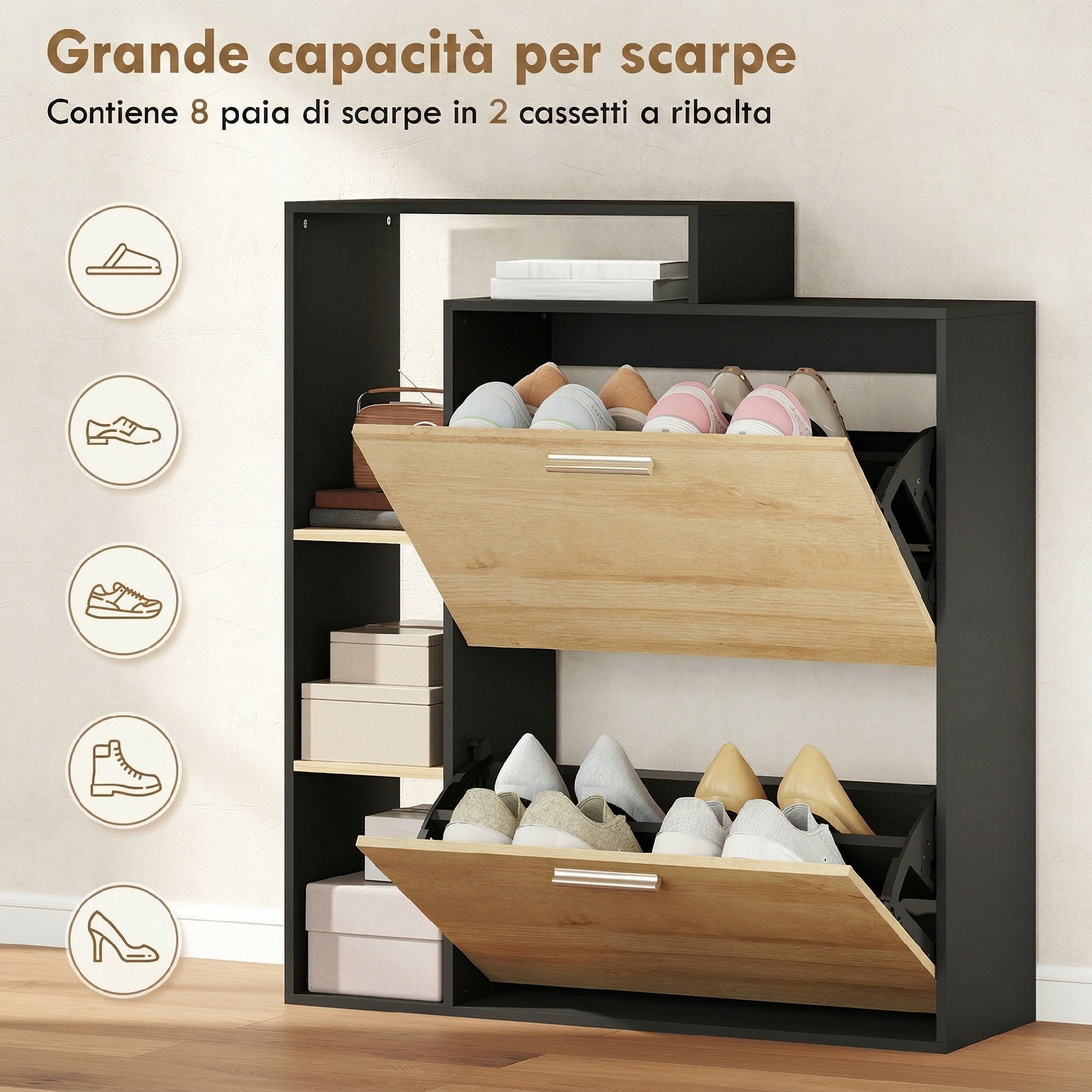 HOMCOM Shoe Cabinet: 2 Flap Drawers, Shelves, Black and Natural Wood.