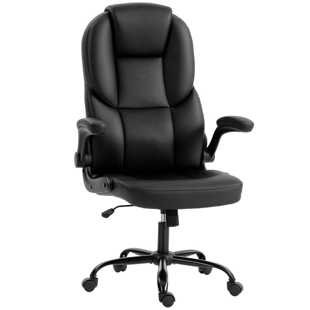 HOMCOM Swivel Office Chair, Rocking Function, Foldable Armrests, High Backrest, Adjustable Height, Black