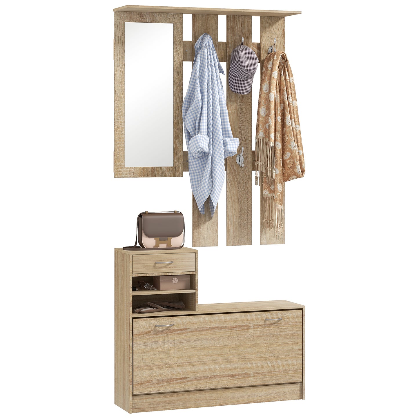 TWENTY | Coat Stand 3 in 1 with Shoe Rack and Mirror, Hooks and Drawers, in Wood, 90x24x177 cm, Oak color