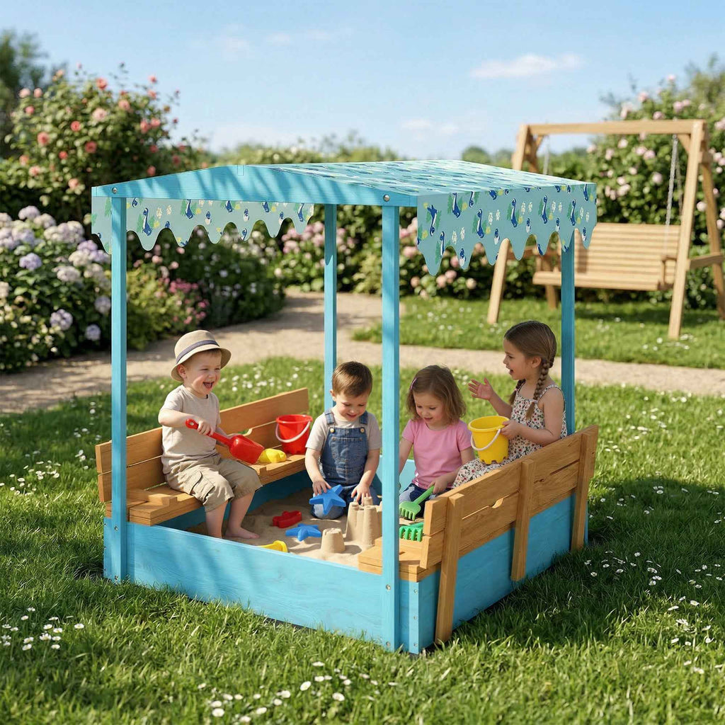 Sandpit for Children 3-6 Years with Dinosaur Canopy, Folding Seats, Lid and Liner Included, Children's Sandpit in Fir Wood, 134.5x127.5x130 cm, Blue