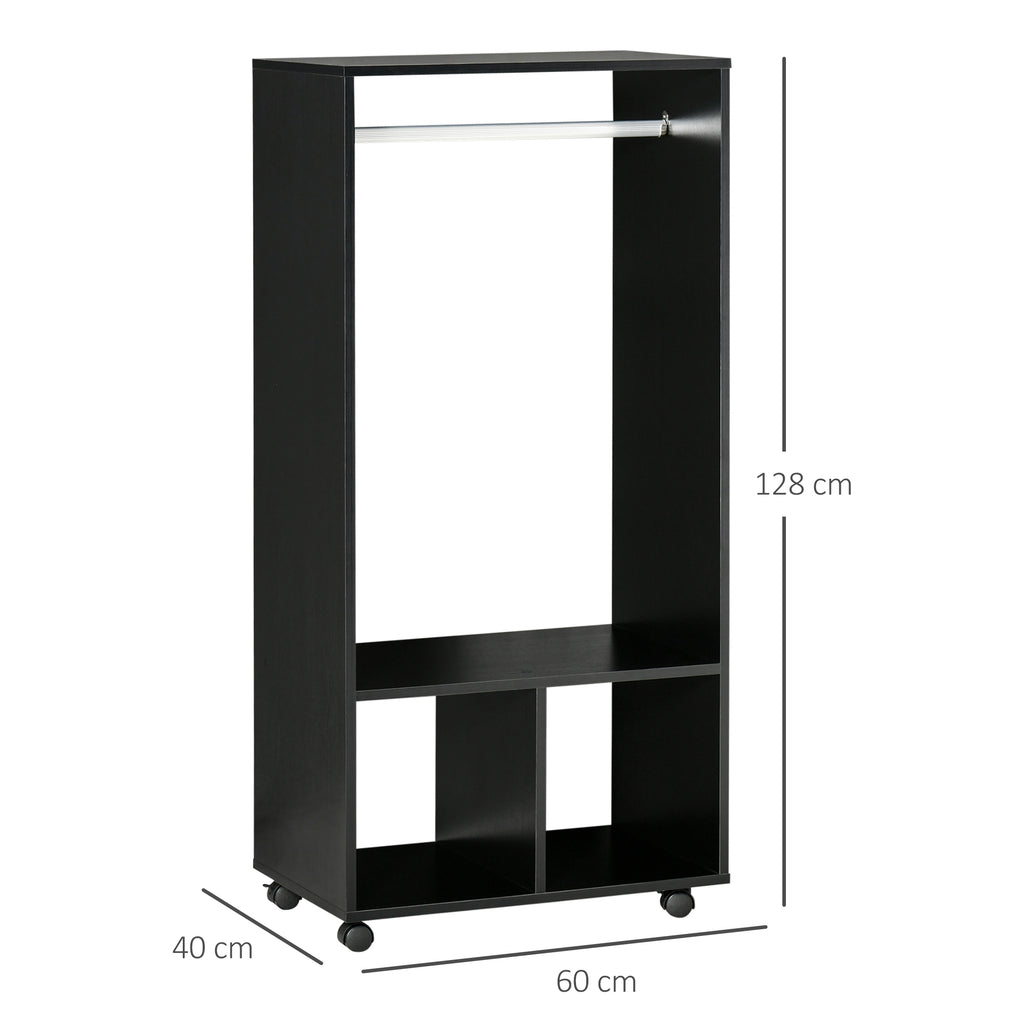 Coat Stand with Aluminum Bar and 2 Open Shelves, Chipboard, 60x40x128 cm, Black
