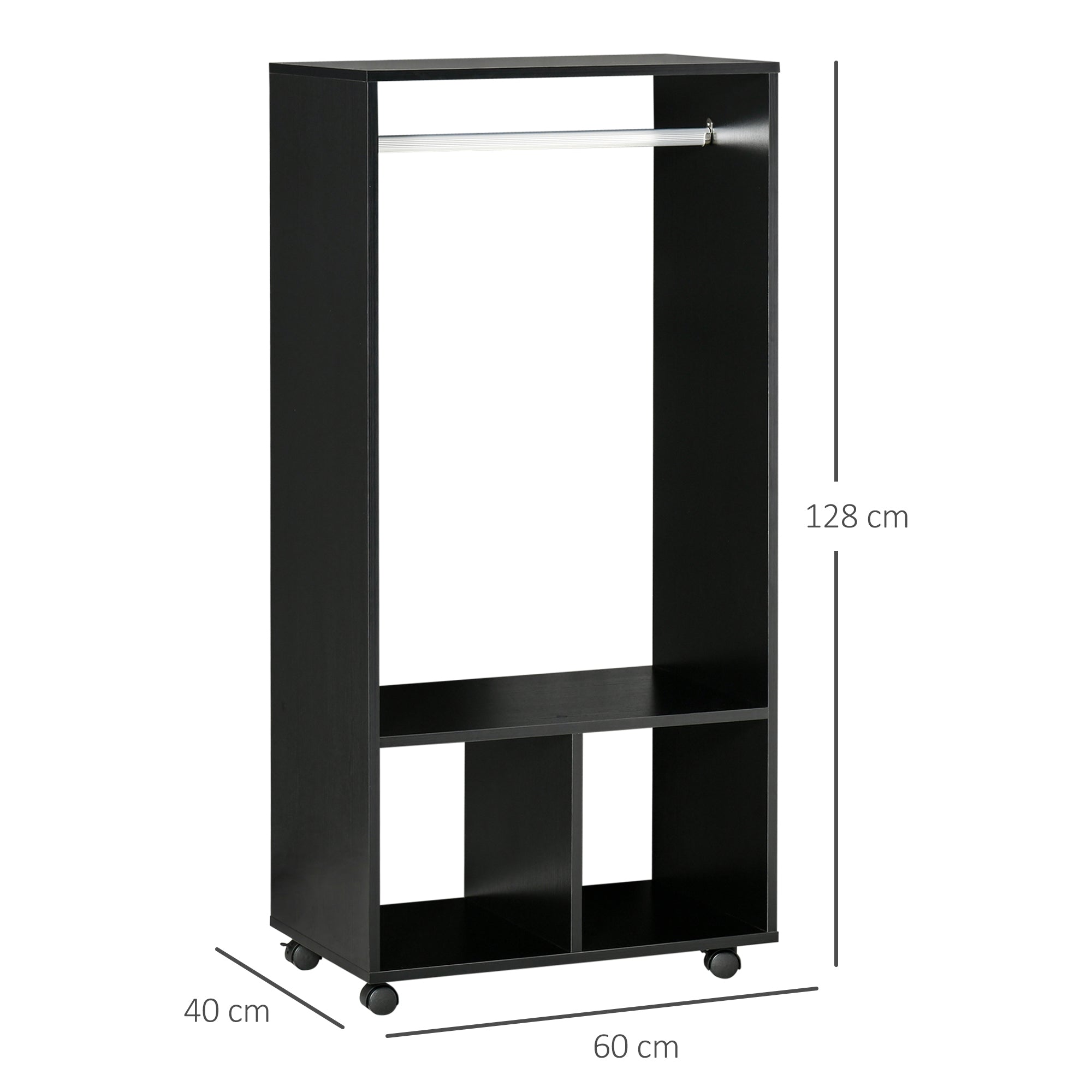 Coat Stand with Aluminum Bar and 2 Open Shelves, Chipboard, 60x40x128 cm, Black