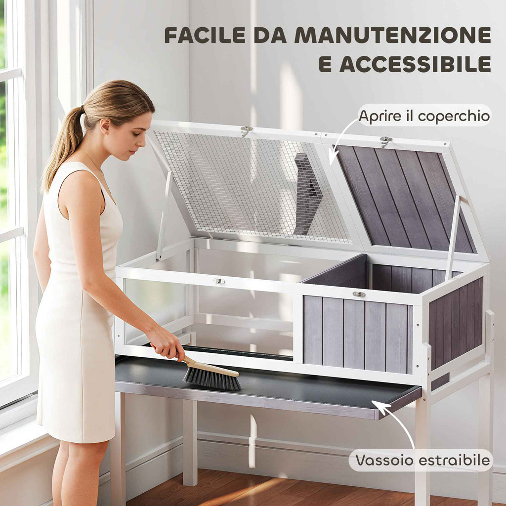 PawHut Raised Turtle House with Divider, Removable Tray, Made of Wood and PS, 104x53x82 cm, Grey and White