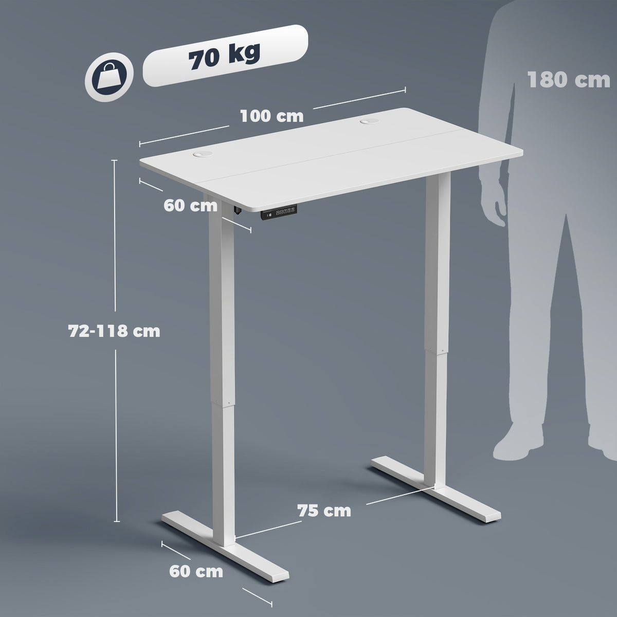 HOMCOM Electric Height-Adjustable Desk with Memory Function, 100x60x72-118 cm, White