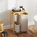 Bamboo Laundry Basket with 3 Bags and Removable Fabric Shelves, 50x32x69.7 cm, Bamboo and Cream