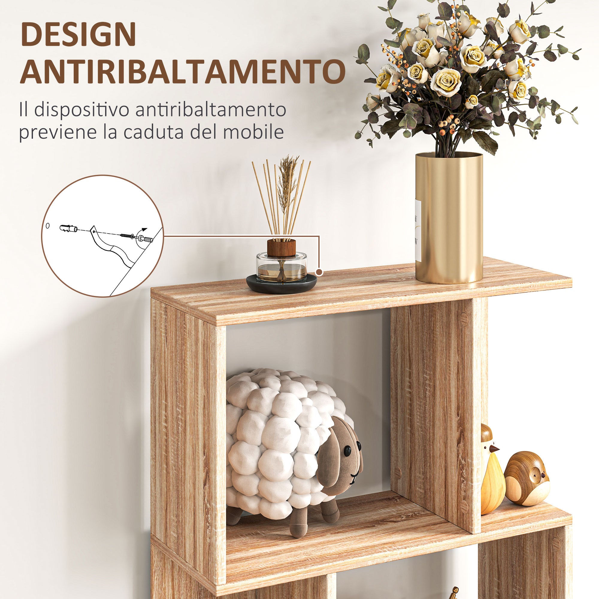Wooden Bookcase Cabinet with 5 Shelves with Divider, 60x24x184.5 cm, Wood Color