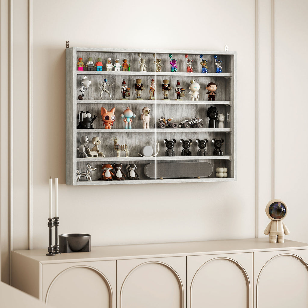 HOMCOM 4-Tier Adjustable Wooden Collectibles Display Cabinet with Glass Doors, 80x9.5x60 cm, Grey