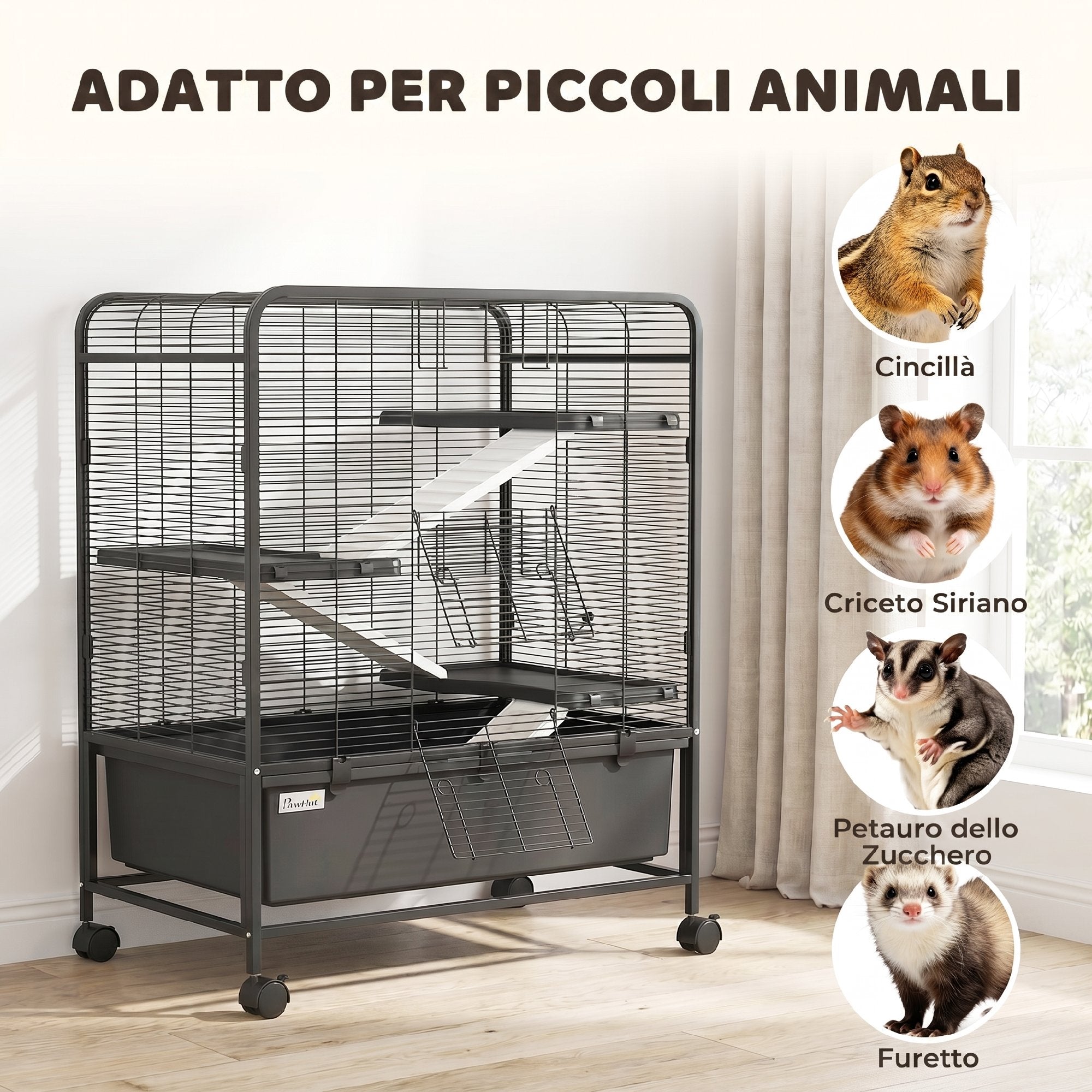 PawHut 4-Tier Steel Rabbit Cage with Platforms, Ramps, Wheels, Water Tank and Removable Tray, Black
