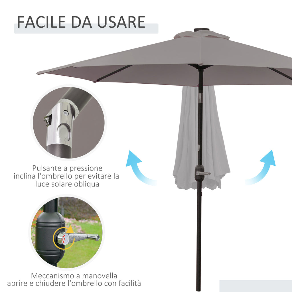 Outsunny Tilting Garden Umbrella Ø265 cm with 32 Solar LED Lights and Crank Handle, Grey