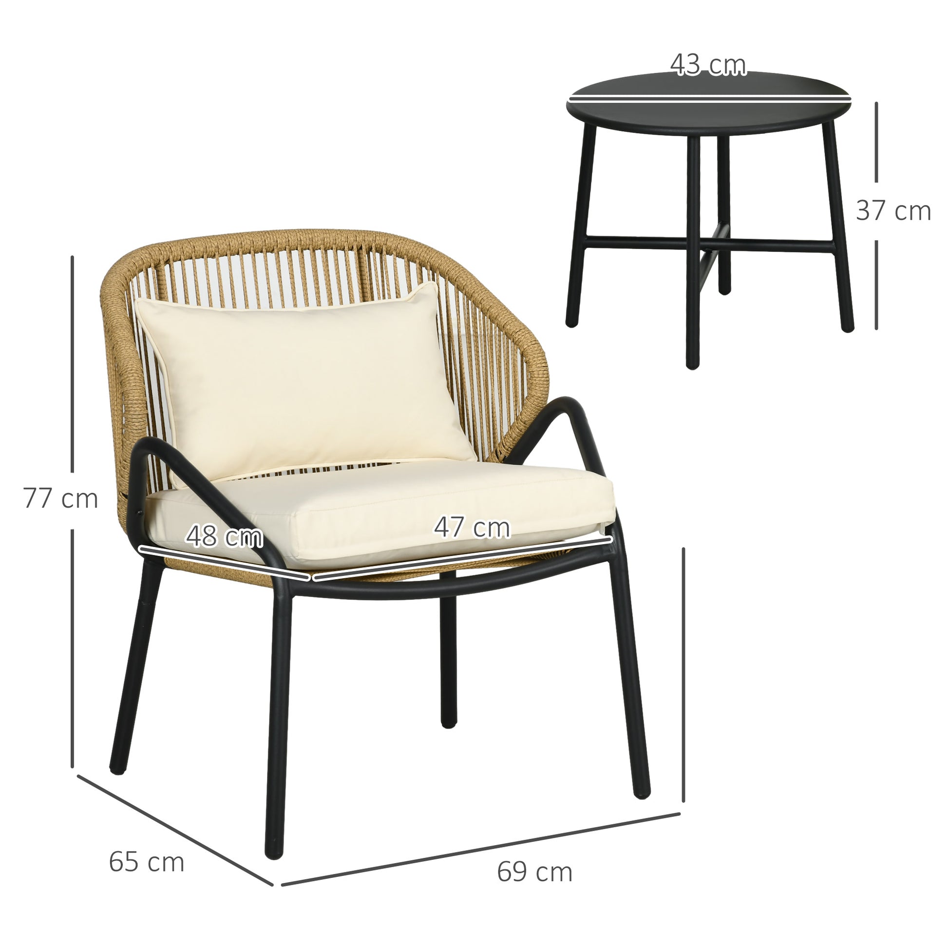 Luxurious 3-Piece Garden Set by Outsunny: 2 Armchair with Cushions & Steel-Rattan Table, Cream - Borgè