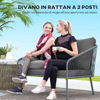 Outsunny 2-Seater Boho Style Sofa with Removable Cushions and Armrests, in Steel and PE Rattan, 112x72x76 cm, Grey
