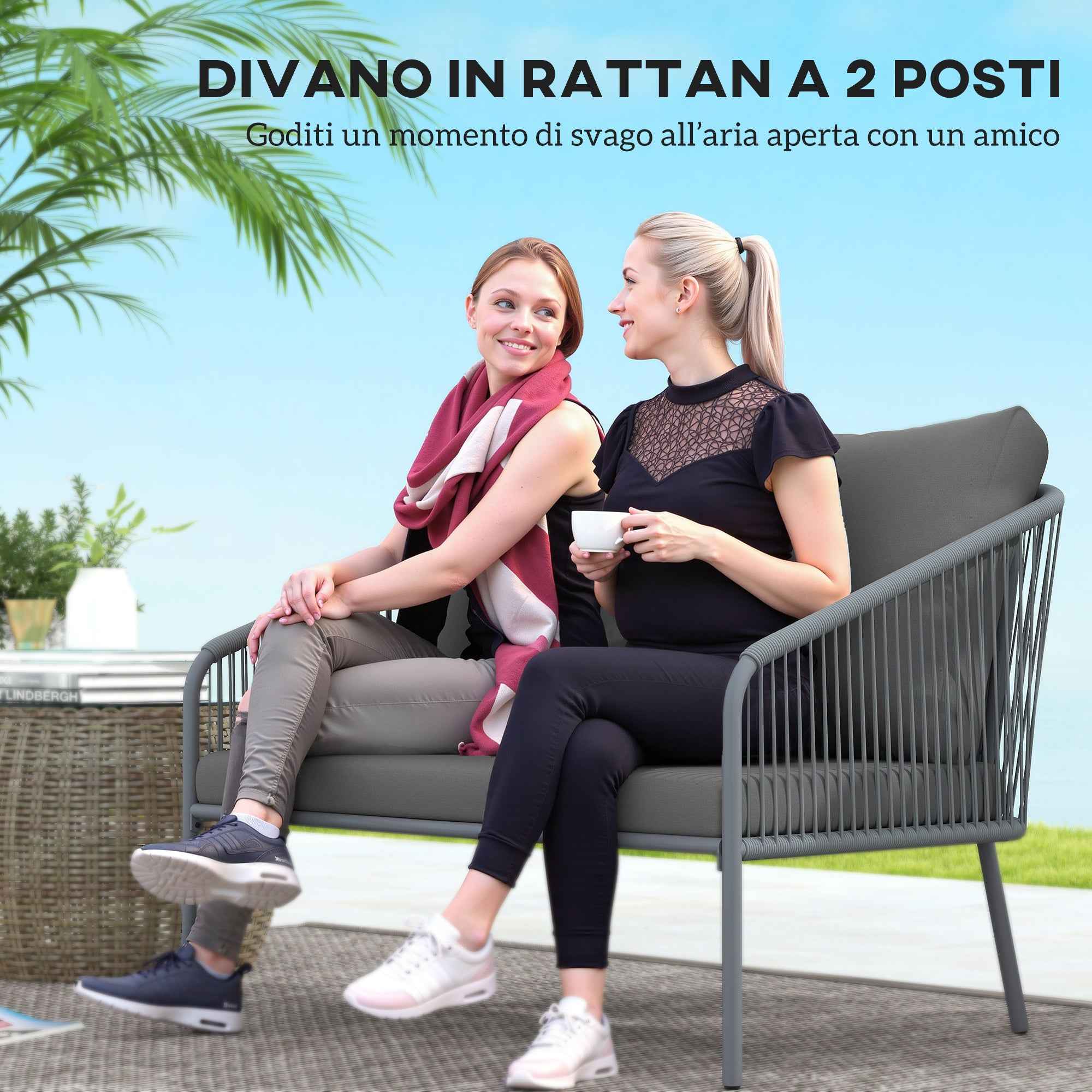 Outsunny 2-Seater Boho Style Sofa with Removable Cushions and Armrests, in Steel and PE Rattan, 112x72x76 cm, Grey