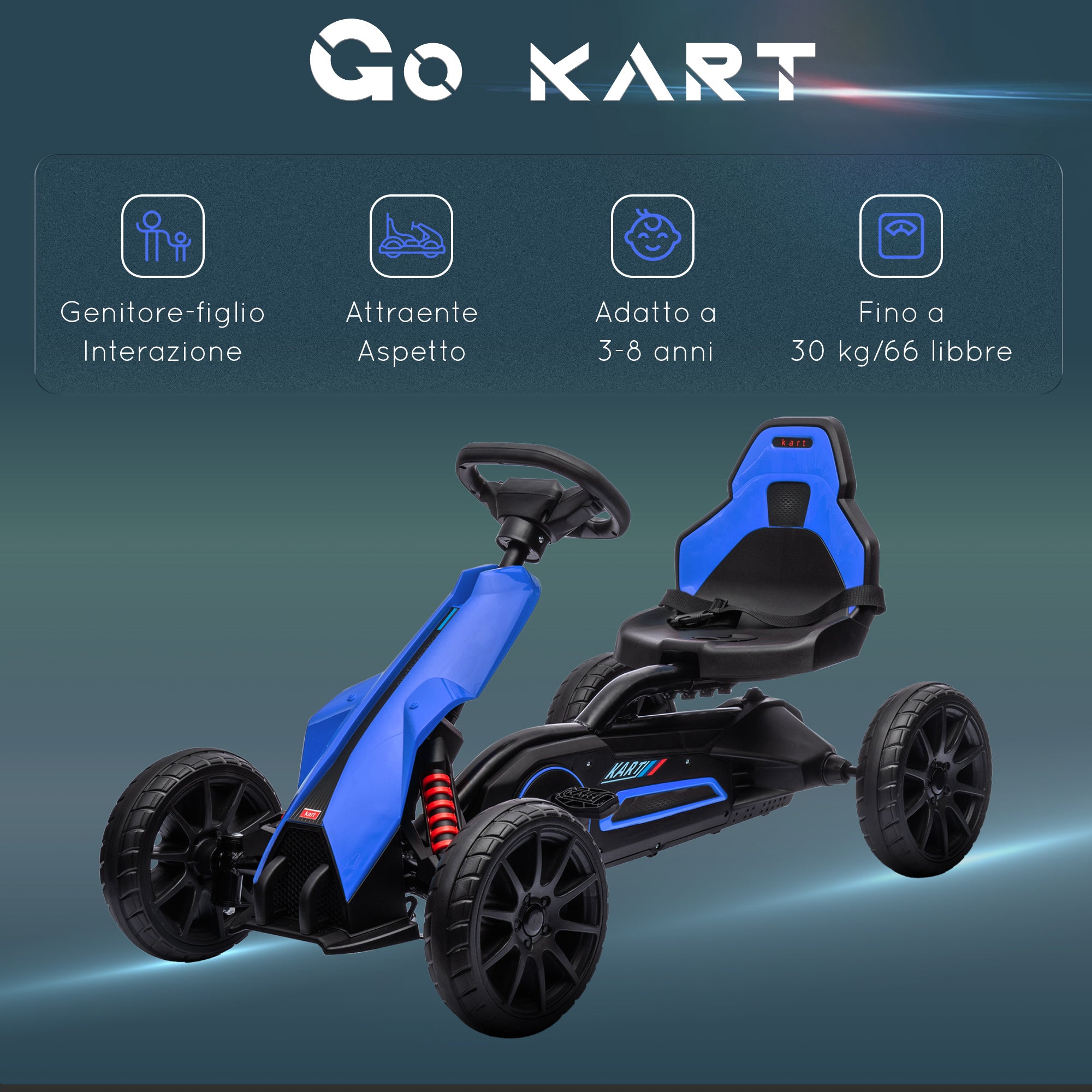 Pedal Go Kart for Kids Ages 3-8 with Adjustable Seat and EVA Wheels, 100x58x58.5 cm, Blue
