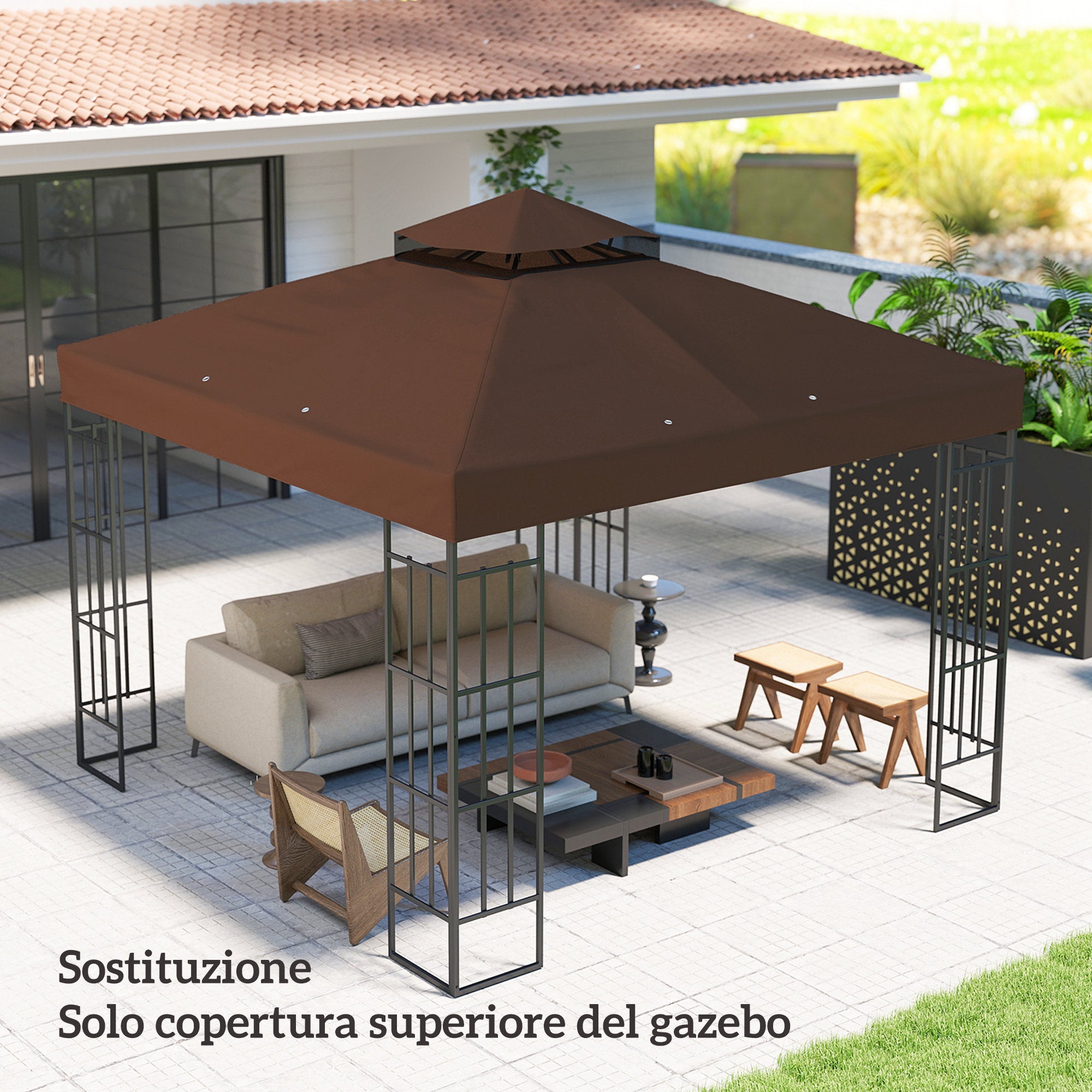Outsunny 3x3m UPF30+ 2-Tier Coffee Polyester Garden Gazebo Cover