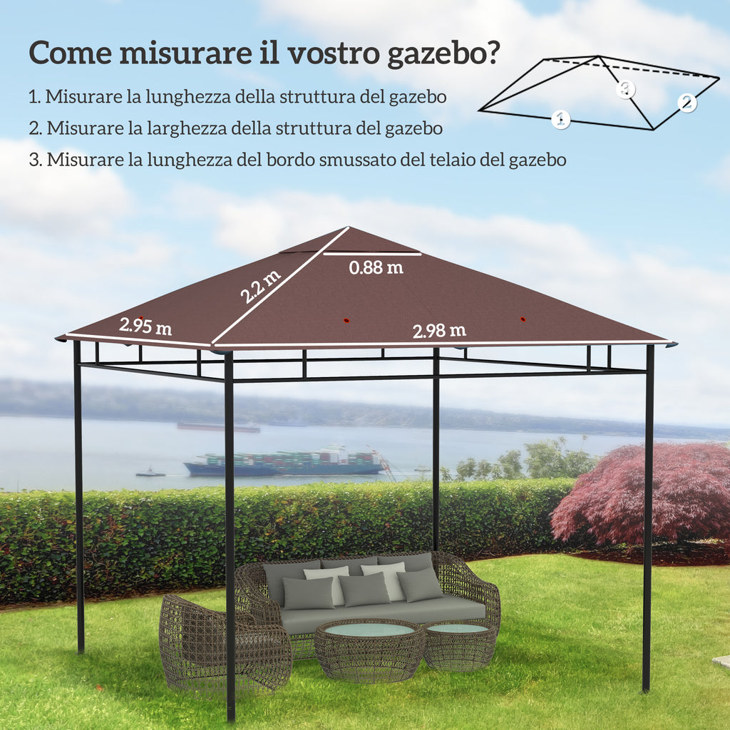 Outsunny 3x3m Garden Gazebo Replacement Roof, 180g/m² Polyester Water Resistant Gazebo Cover with 8 Drainage Holes and Air Vents, Cover Only, 298x295cm, Coffee