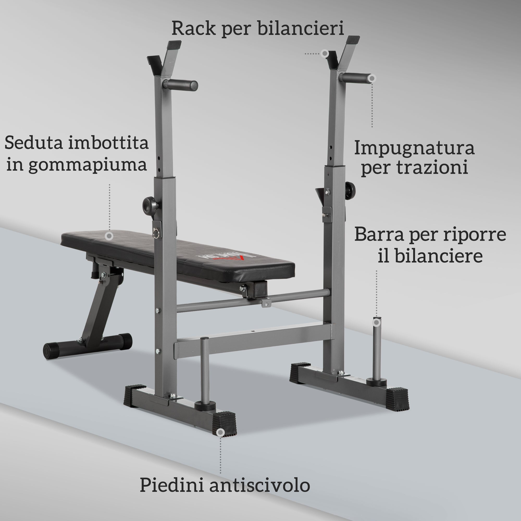 Folding Weight Bench with 8 Adjustable Heights and Steel and PU Barbell Rack, 140x73x98-122 cm, Grey