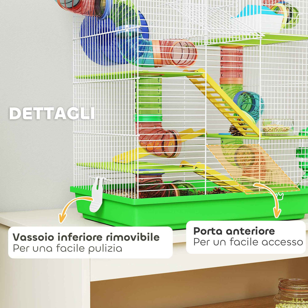 PawHut 5-Story Hamster Cage with Colorful Tubes, Wheel, House and Accessories, 47x30x59 cm, Green