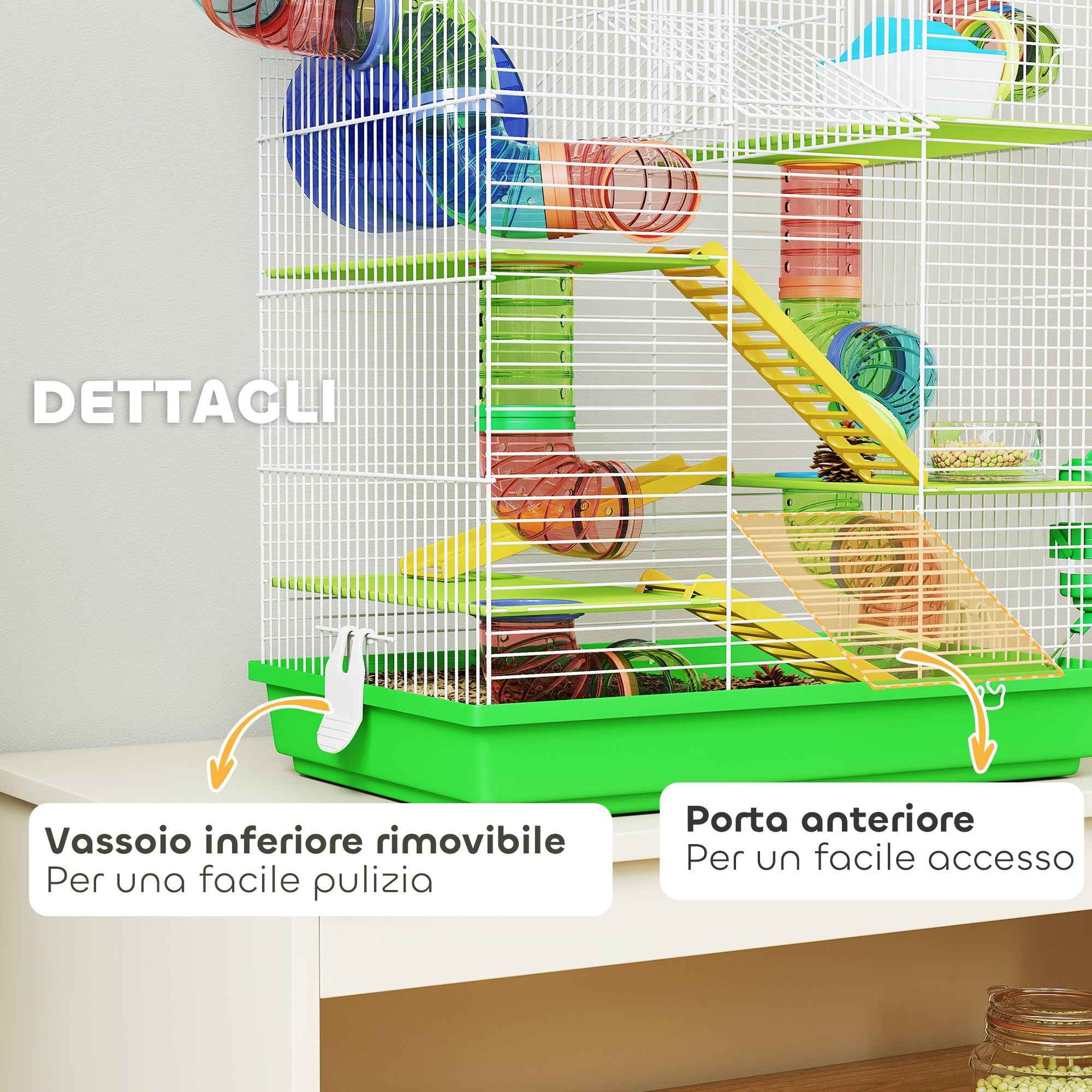 PawHut 5-Story Hamster Cage with Colorful Tubes, Wheel, House and Accessories, 47x30x59 cm, Green