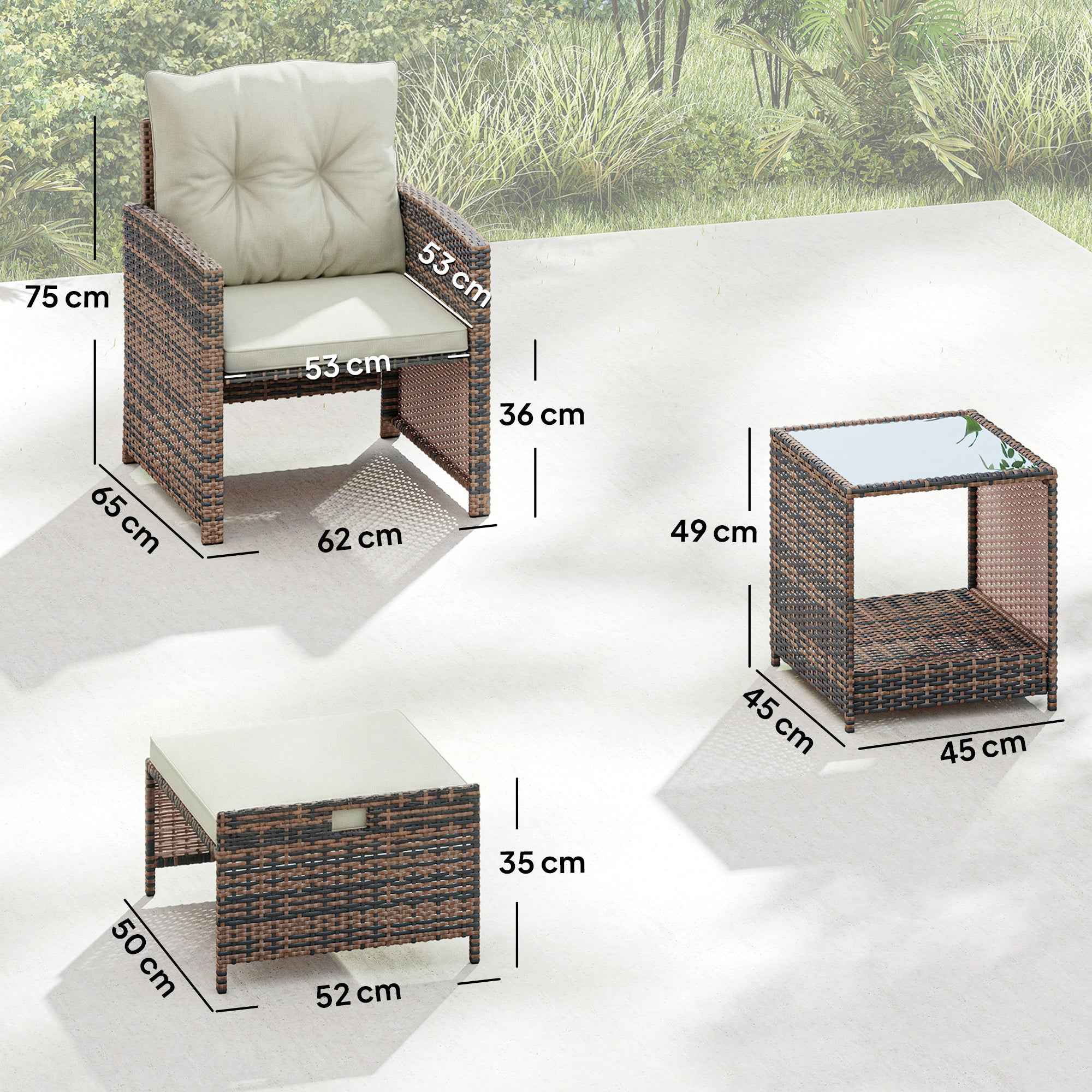 Outsunny 5-Piece Rattan and Steel Outdoor Set with 2 Ottomans, 2 Chairs and 2-Tier Coffee Table, Brown and Cream