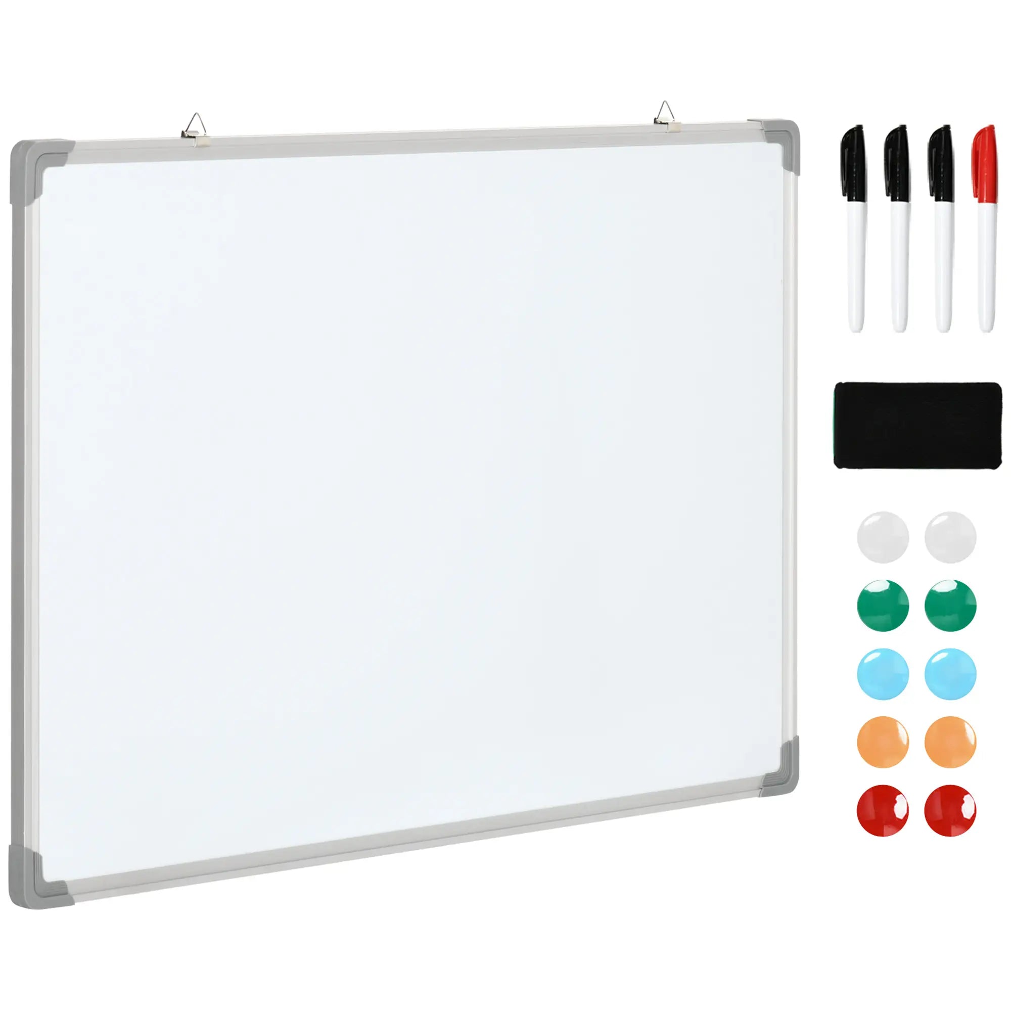 White Rectangular Magnetic Whiteboard with 4 Markers, 1 Eraser and 10 Magnets Included, 90x60x1.8 cm