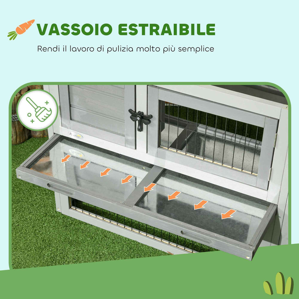PawHut Outdoor Rabbit Hutch with Ramp, Opening Roof and Tray, Made of Fir Wood, 150x52x68 cm, Light Grey
