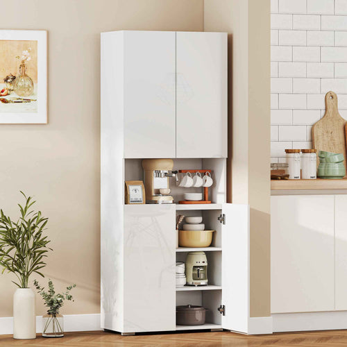 HOMCOM 180cm Tall Kitchen Sideboard, Pantry Unit with Soft-Close Doors, Open Shelf, 2 Cabinets, Adjustable Shelves, Modern Kitchen Cabinet for Dining Room Living Room, High Gloss White