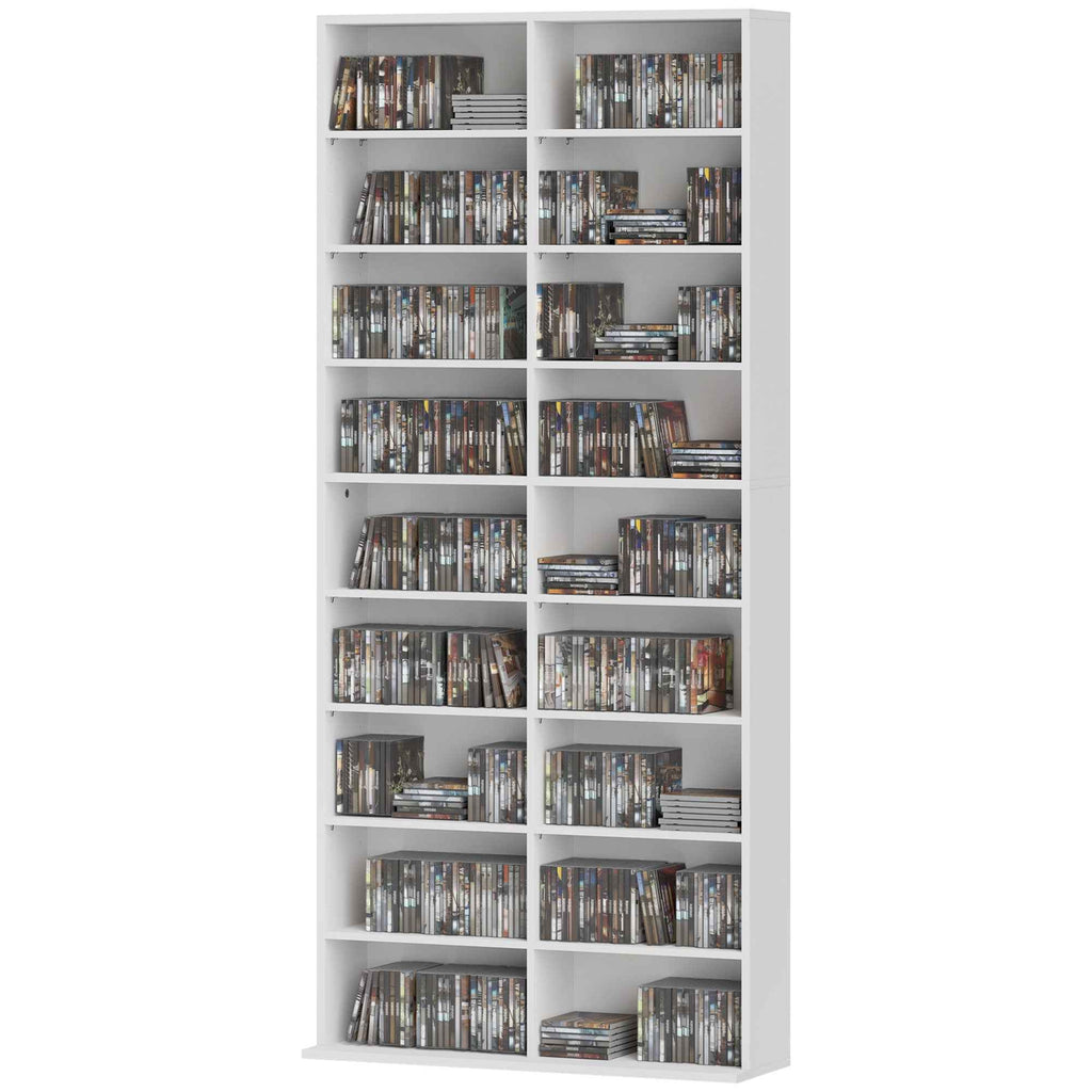 HOMCOM CD and DVD Shelves 18 Compartments Max. Capacity 640 CDs/360 DVDs 430 Blu-rays 78.5 x 24 x 175 cm White