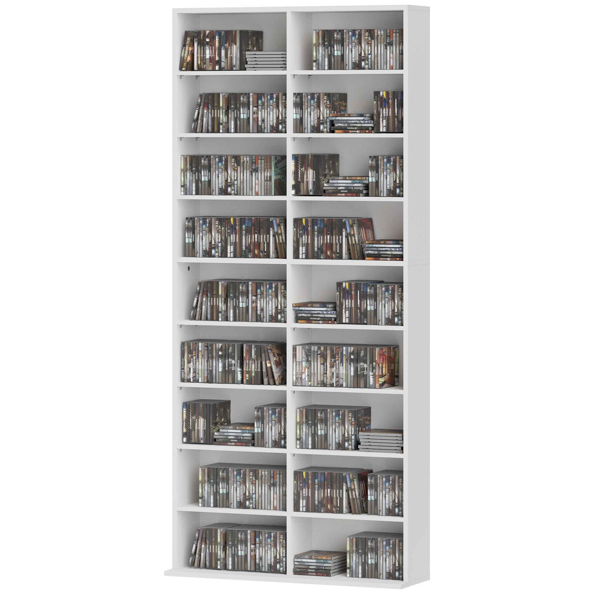 HOMCOM CD and DVD Shelves 18 Compartments Max. Capacity 640 CDs/360 DVDs 430 Blu-rays 78.5 x 24 x 175 cm White