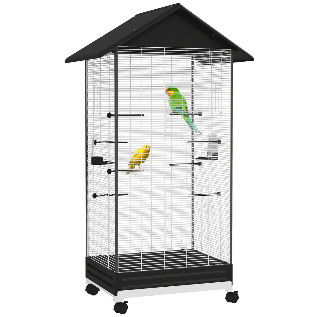 Bird Cage with Wheels and Removable Tray, 155 cm High Aviary with Perches and Feeders, Black