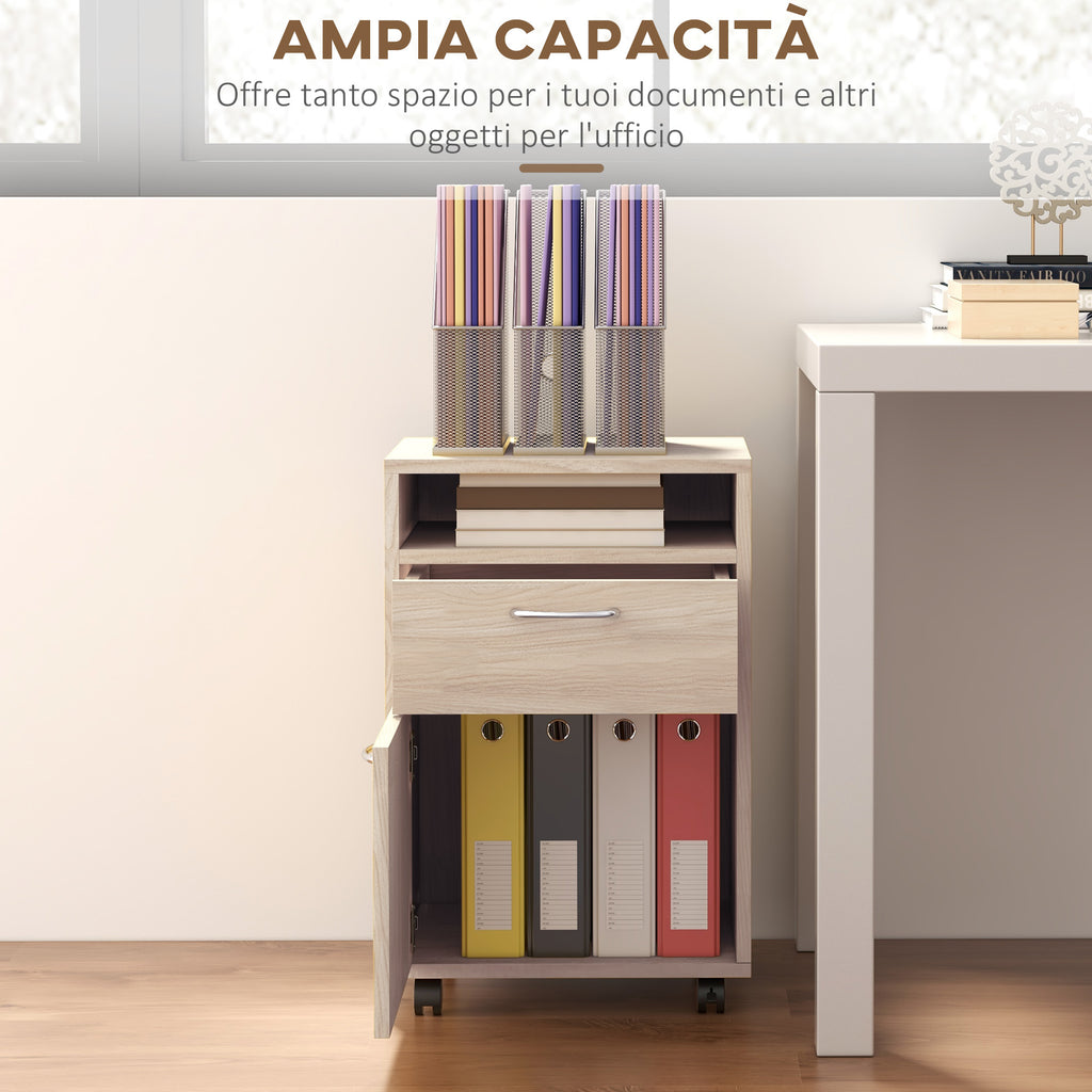 Office Drawer Cabinet Document Holder with Open Shelf and 2 Drawers, in Wood and Metal, 40x35x60 cm, Oak