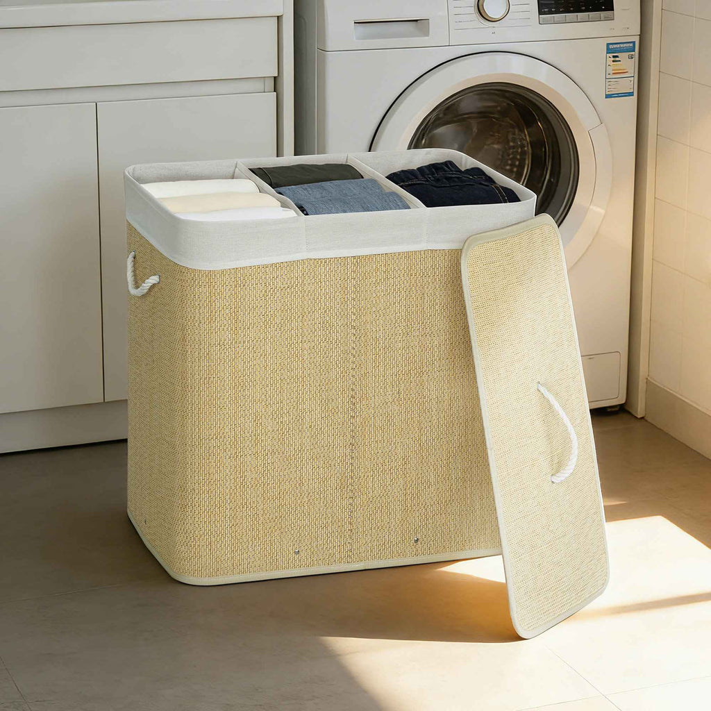 HOMCOM Bamboo Laundry Hamper with Lid, 144L, 3 Compartments, Removable and Washable Bag, Handles, Cream