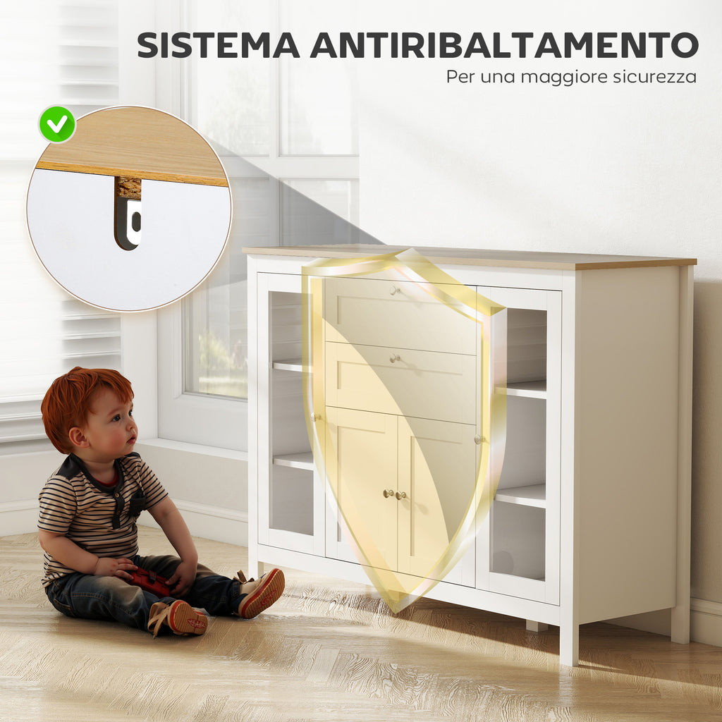 Kitchen Cabinet with 2 Drawers and 3 Cupboards, Glass Doors and Adjustable Shelves, 120x40x90 cm, White and Oak