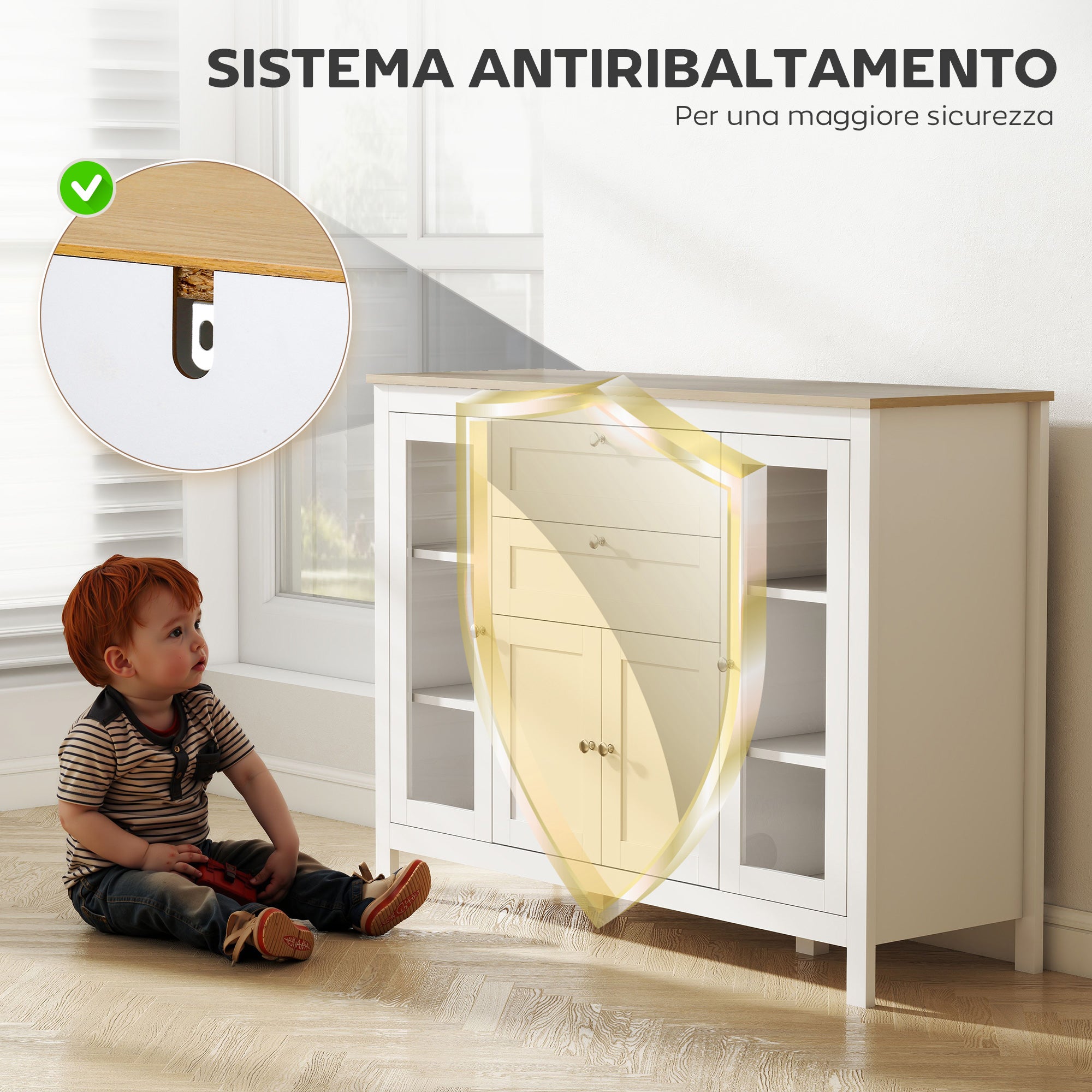 Kitchen Cabinet with 2 Drawers and 3 Cupboards, Glass Doors and Adjustable Shelves, 120x40x90 cm, White and Oak