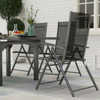 Garden Set with Extendable Glass Table and 6 Folding Outdoor Chairs, Steel and Textilene, Grey