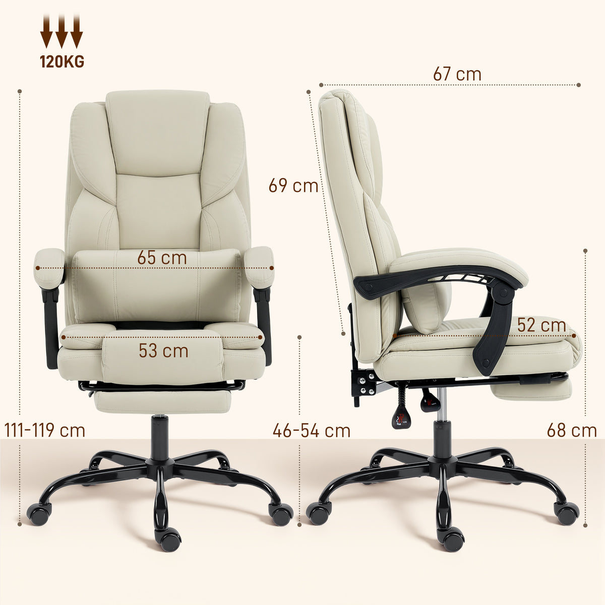 HOMCOM Reclining Faux Leather Office Chair with Footrest and Wheels, 65x67x111-119 cm, Beige