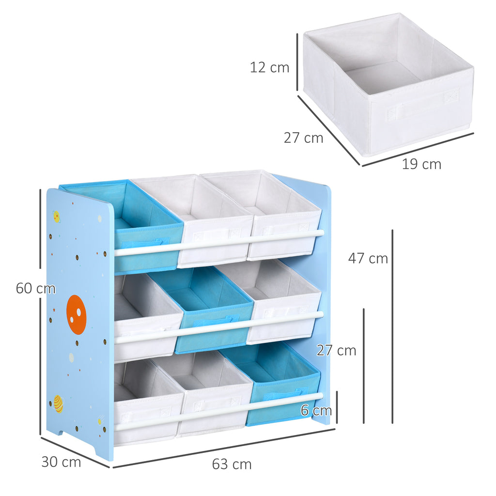 Toy Cabinet with 9 Removable Baskets in MDF and Fabric, 63x30x60cm, Blue