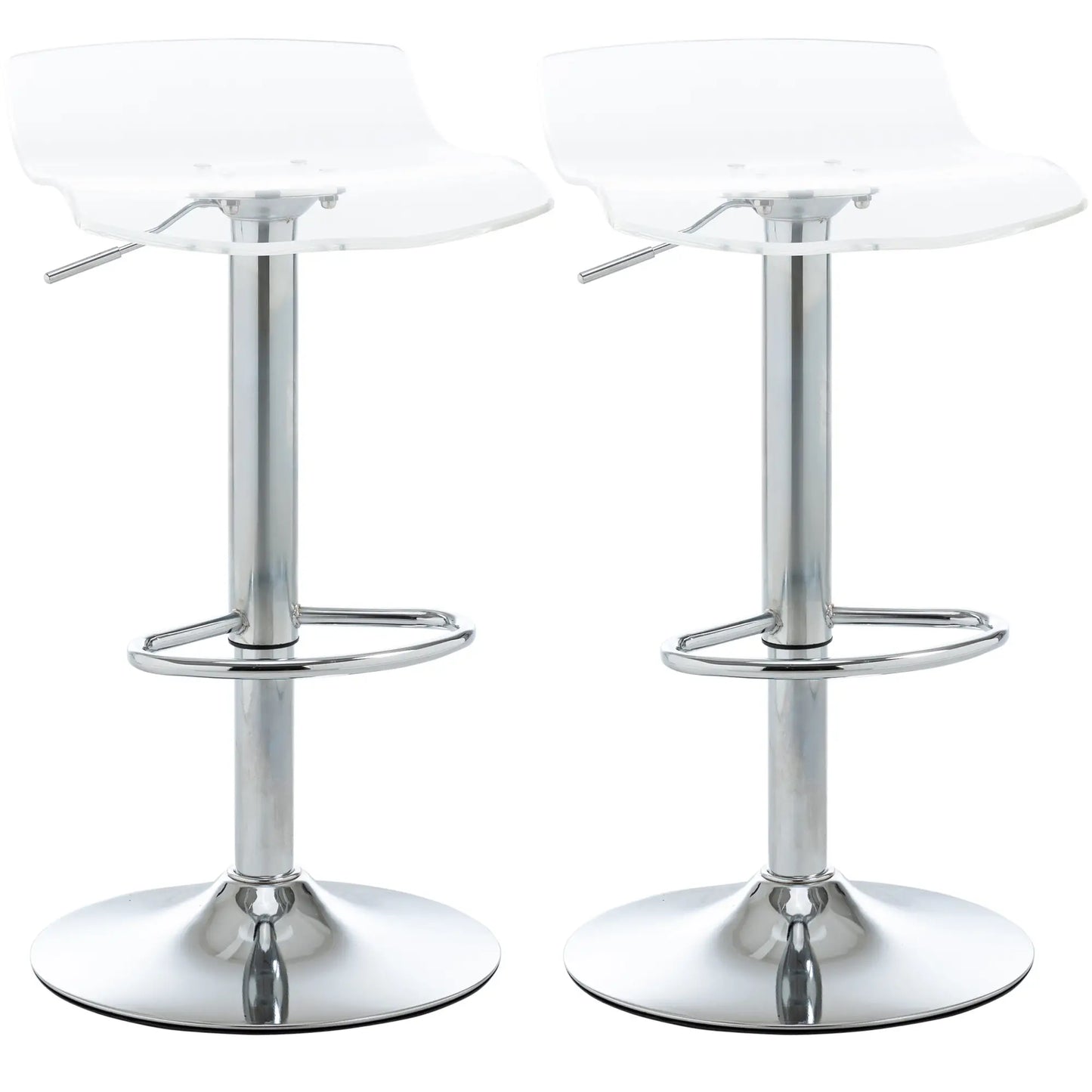 Set of 2 Bar Stools with Adjustable Height, Swivel Seat and Footrest, Metal and Acrylic, Transparent