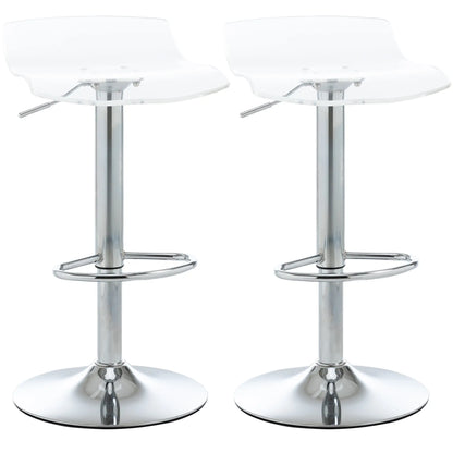 Set of 2 Bar Stools with Adjustable Height, Swivel Seat and Footrest, Metal and Acrylic, Transparent