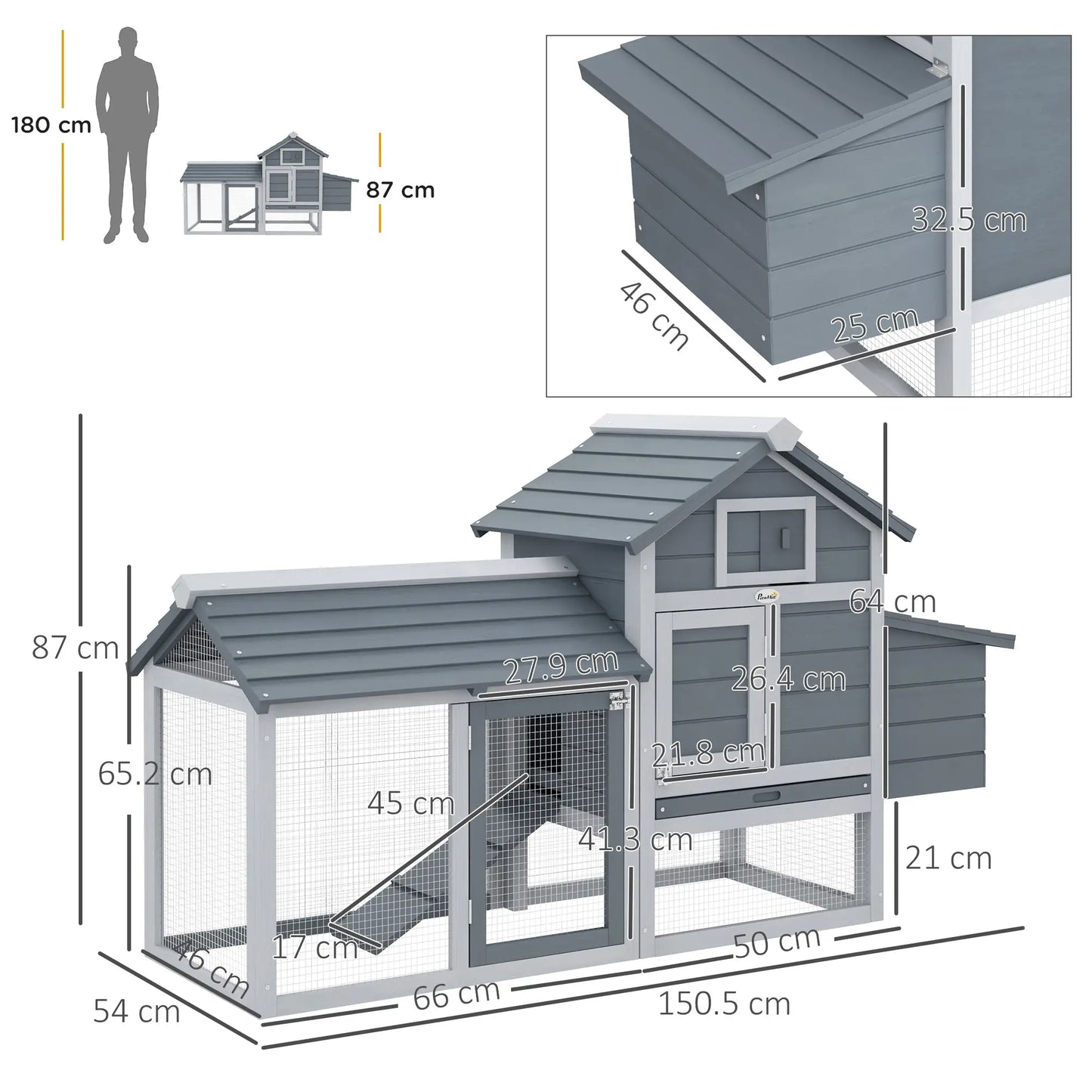 Prefabricated Wooden Chicken Coop for 2 Chickens with Run and Nest for Brooding, 150.5x54x87cm