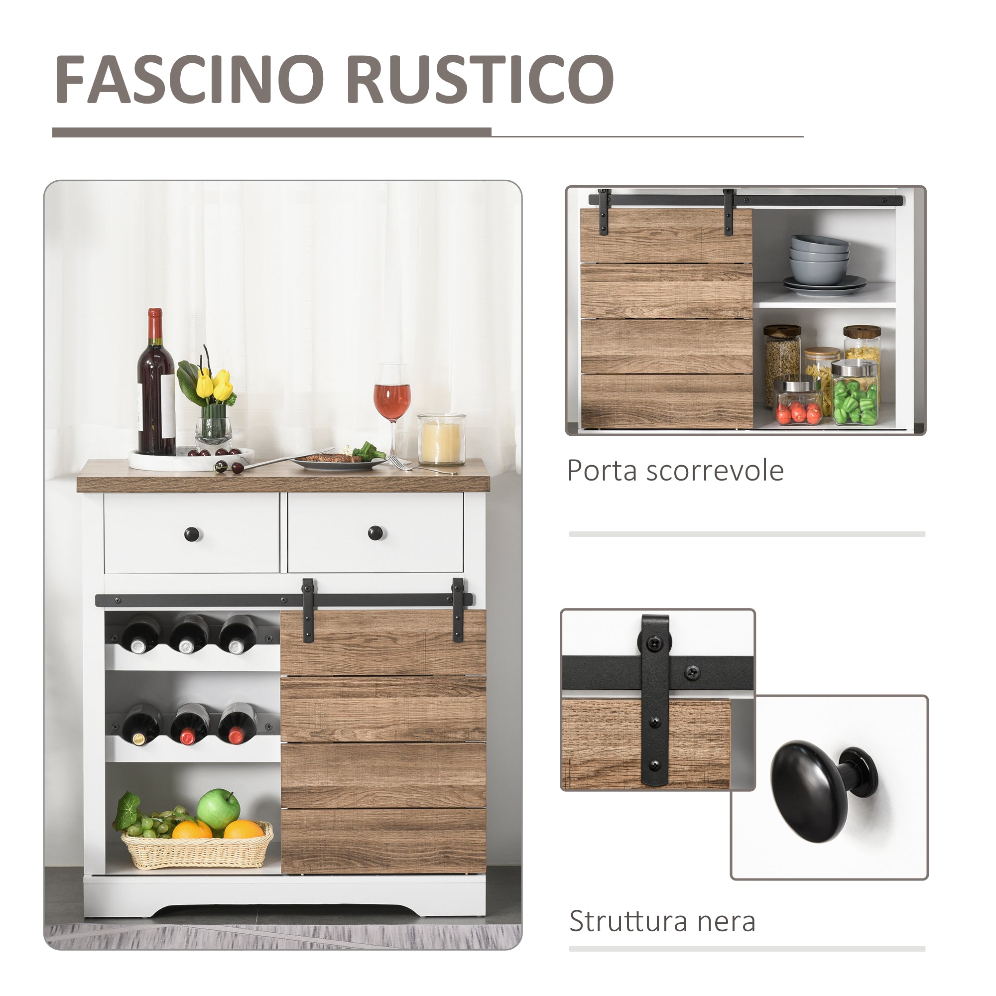 HOMCOM Rustic Kitchen Cabinet with 2 Drawers, Open Shelves and Bottle Racks, in Wood and Metal, 80x39x86 cm - Borgè