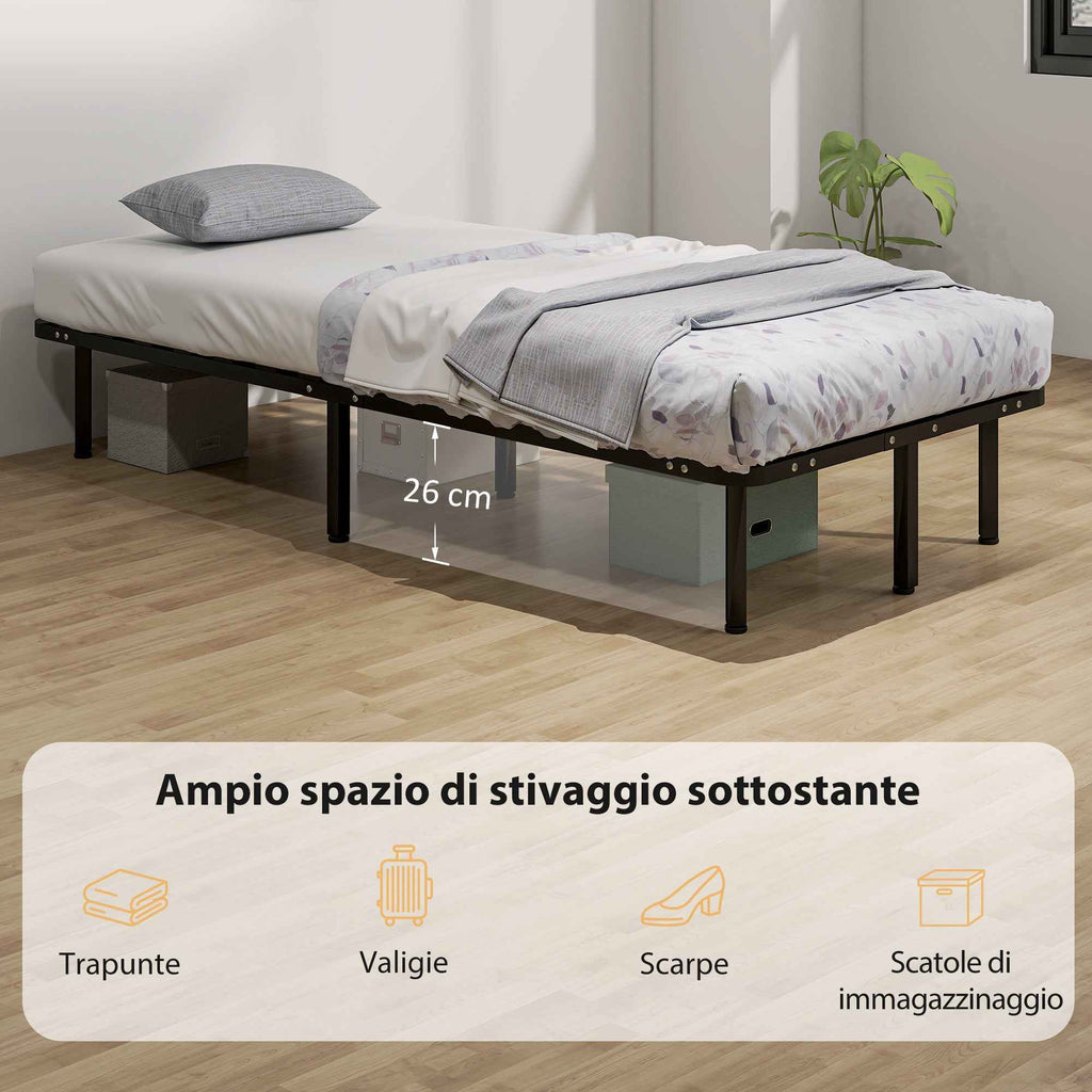 HOMCOM Industrial Bed Frame with 28 Slats and Storage Space, in Wood and Steel, 190x90x31 cm, Black and Wood