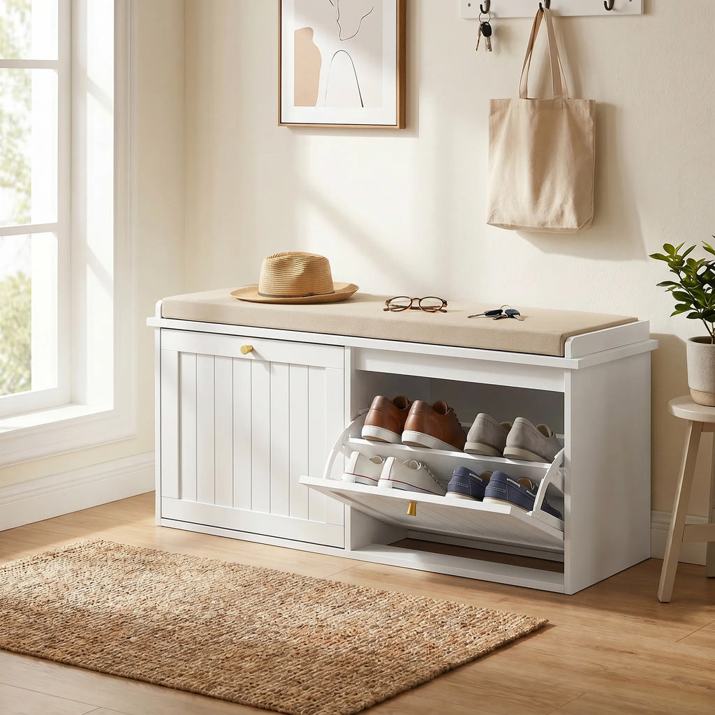 HOMCOM Shoe Bench with Padded Cushion, 2 Folding Drawers for 8-10 Pairs of Shoes, White