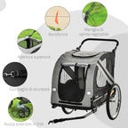 Dog Trailer with Hinged Entry, Wheels and Flag, Steel and Oxford Fabric, Grey Black Silver