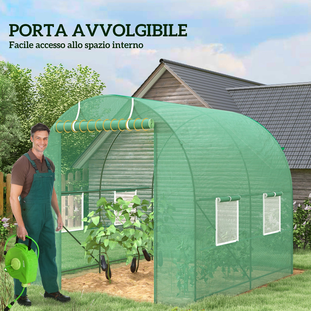 Outsunny Garden Greenhouse Steel Frame and 4 PE Windows 2.5x2x2m, Green