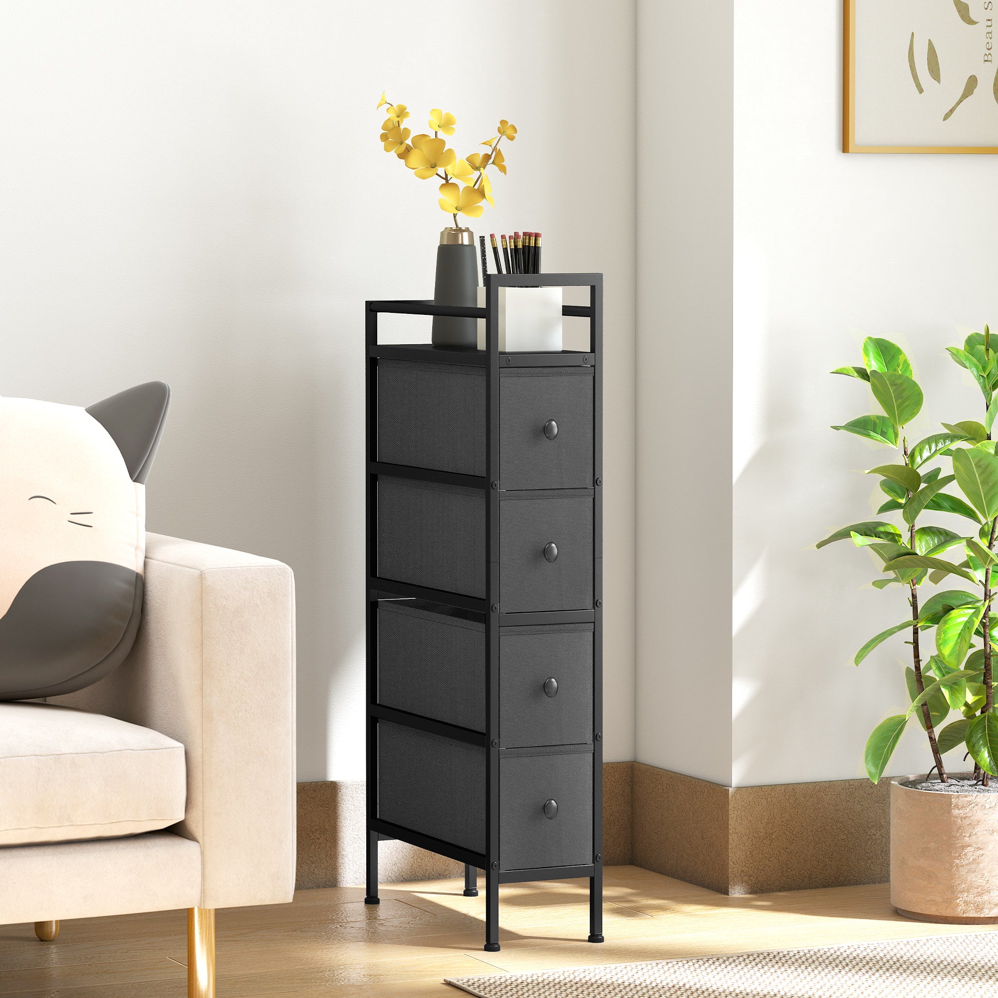 HOMCOM Space-Saving Slim Fabric Chest of Drawers with 4 Drawers, Steel Frame for Bedroom, Living Room, Black