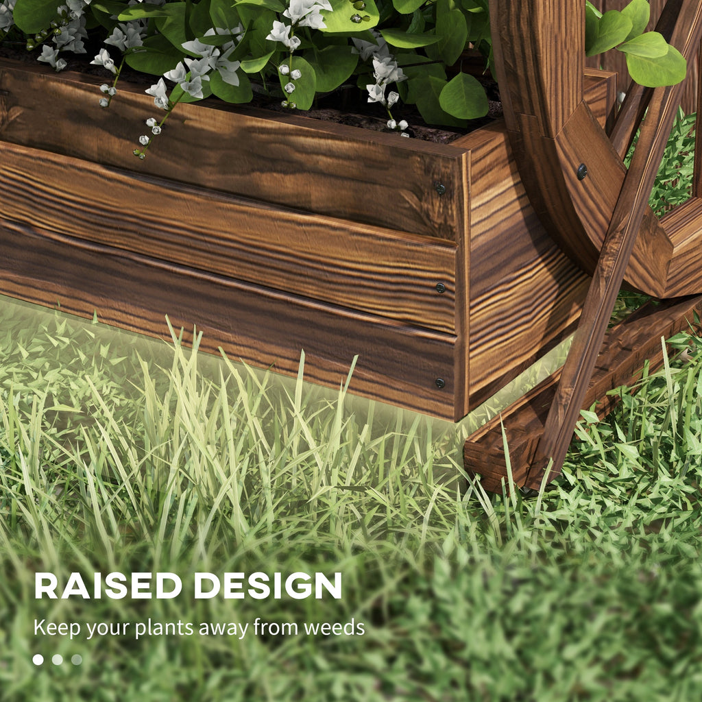 Outsunny Wooden Wood Fioriera at 2 levels with 3 vases and Country style wagon wheels, 55x32x56cm - Borgè